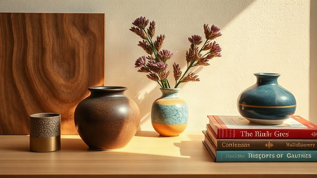 A warm-lit shelf with Farsi textbooks and a small traditional haftseen set.